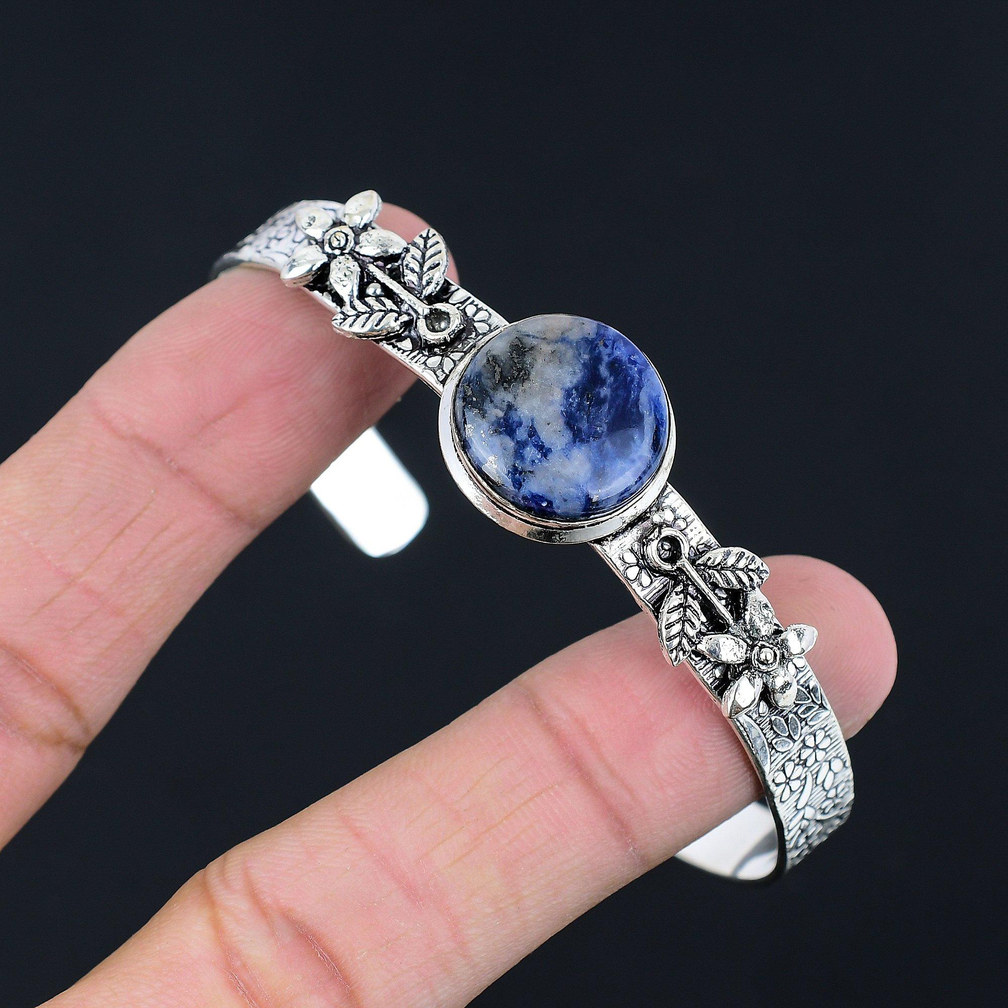 Sisters Day Sale Sodalite Gemstone 925 Sterling Silver New Flower Bangle Jewelry Adjustable
