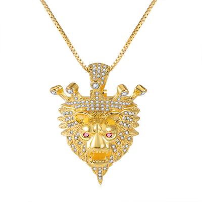 Men 14k Gold Plated Lion Head Crown Pendant Necklace Hip Hop Jewelry Male Gift