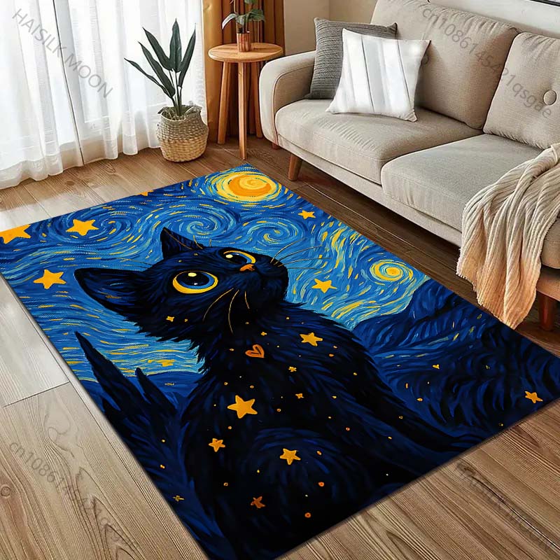 1PC Black Cat In Starry Night Carpet for Living Room Bedroom Sofa Home Decor Rus Non-slip Floor Mat Luxury Gift