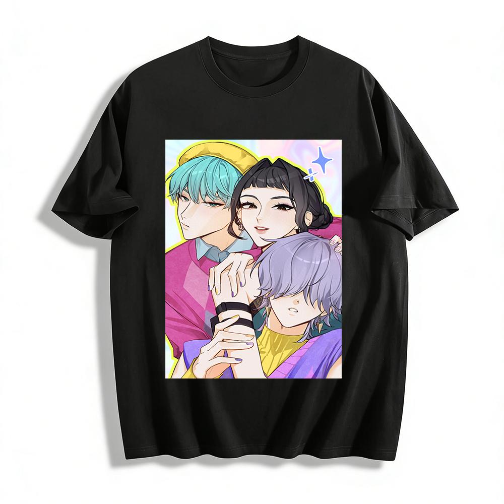 Anime Style Three Characters Print Casual Top Unisex Loose Crew Neck T-Shirt Trendy Streetwear Pure Cotton T-shirt