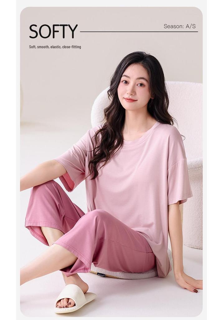Women's Modal Pajama Set: Chest-Padded Short Sleeve Top with Loose 7/10 Pants for a Cool Summer Sleep