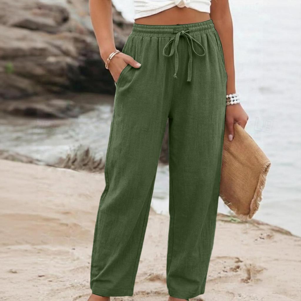 Women's Summer Wide Leg Pants, Elastic Waist Color Loose Fit Cotton Linen Trousers, Casual Long Pants