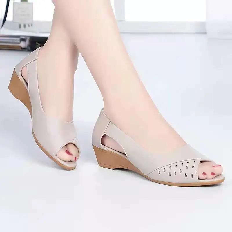 Sandales en cuir véritable souple pour femmes, semelle tendon d'été, sandales compensées, semelle souple, confortables, nouvelle bouche de poisson, chaussures pour femmes