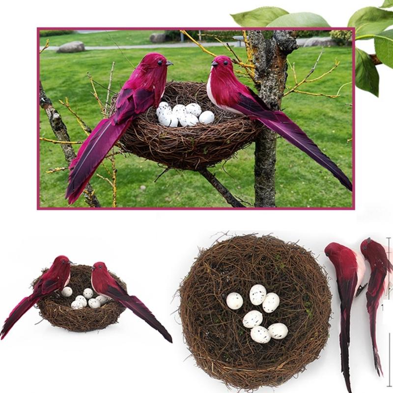 Realistic Artificial Woven Bird Nest Basket With Foam Chick Figure And Eggs Indoor Outdoor Easter Celebration Decoration