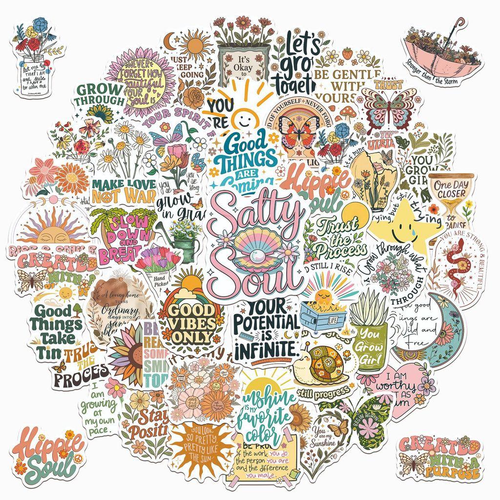 50Pcs Healing Floral Motivational Stickers Waterproof Decals For Notebook Cup Desk Decor Sticker Story Store