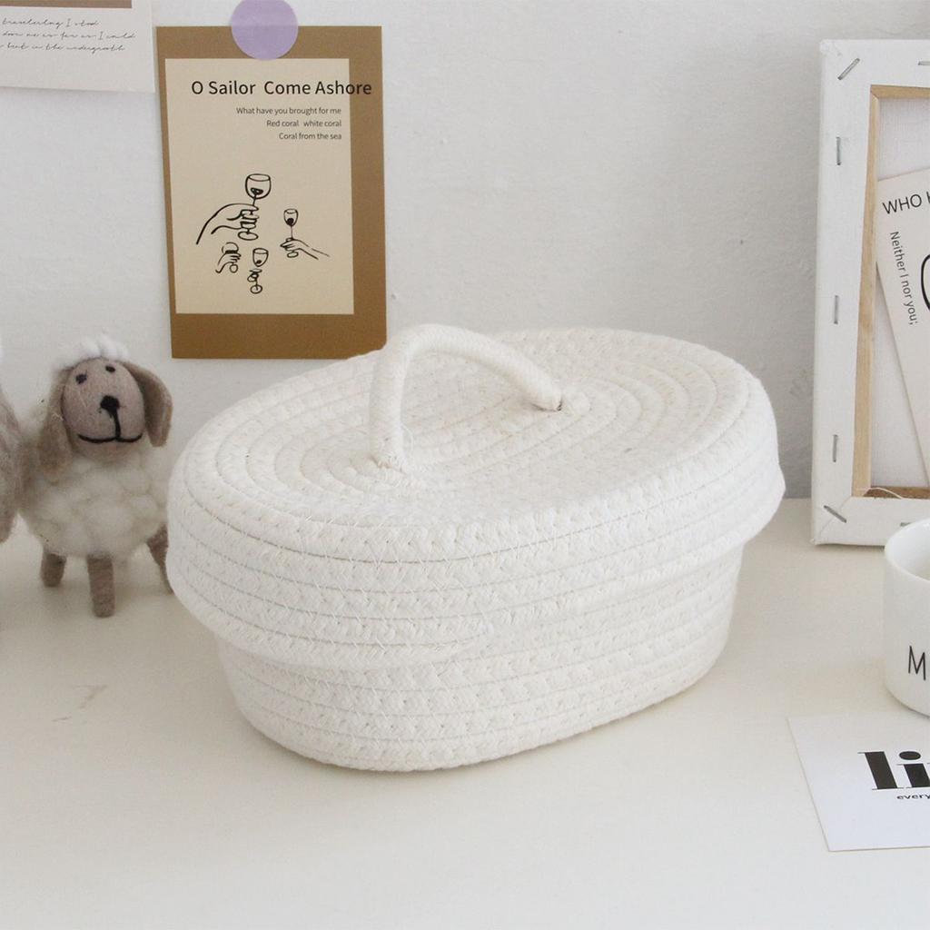 Desktop Storage Box with Lid Handmade Cotton Rope Storage Basket for Makeup Sundries Snack Needles