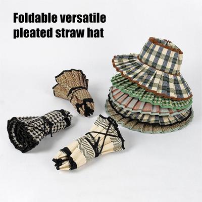 Women Straw Hat Plaid Print Summer Foldable Hat Wide Brim UV Protection Lightweight Breathable Beach Sun Hat