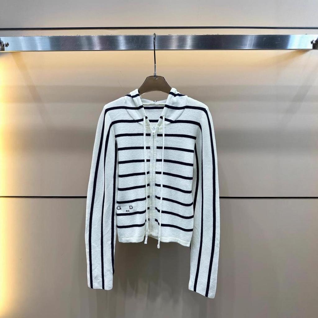 26th Anniversary Embroidery Stripe Knit Zipper Hooded Cardigan - Loose Fit Sweater