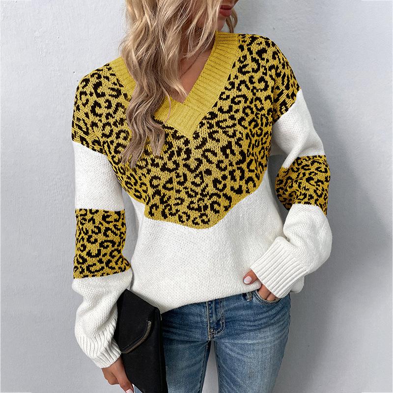 Autumn Winter Vintage Loose Long Sleeve Top Leopard Cardigan Knitwear V-Neck Sweater