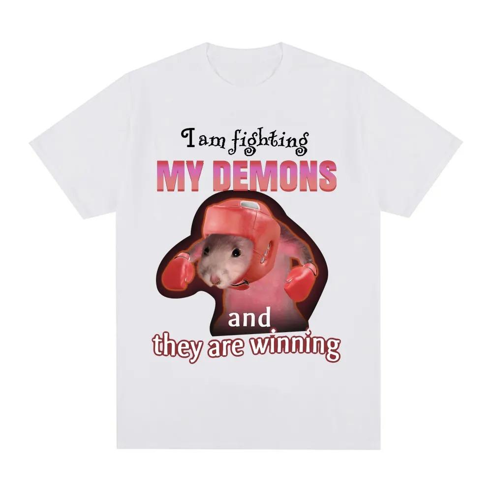 Funny I Am Fighting My Demons and The Are Winning Rat Meme Tshirt Women Fashion Creative T Shirts Short Sleeve Clothing S