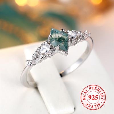Vintage Grüner Moosstein Achat Ring für Frauen Echt 925 Sterling Silber Hochzeitsschmuck