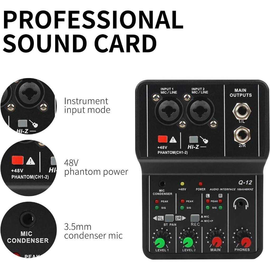 Portable Audio Interface Professional Mini External Sound Card Mixer 48V Computer Guitar Studio Dual Channel Audio Device