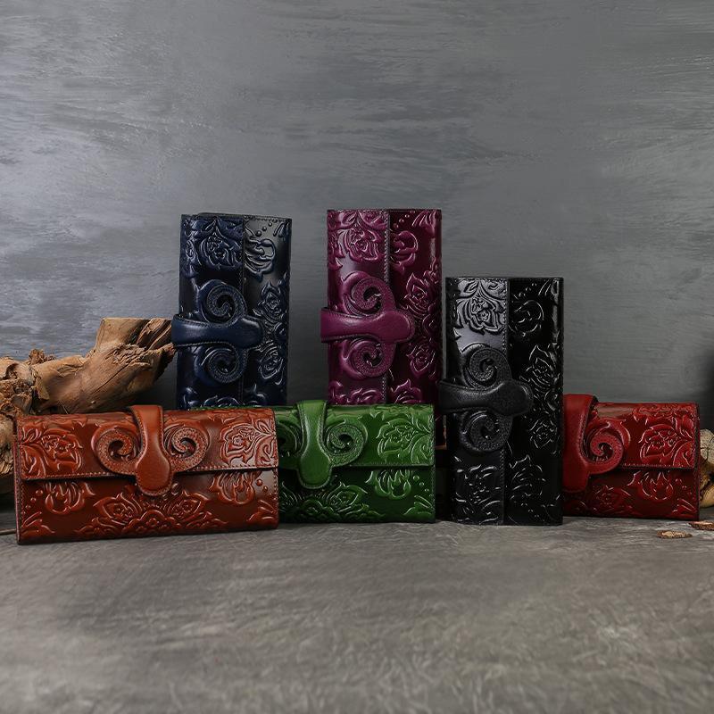 Genuine Leather Wallet, Horizontal Wallet, Multi-slot, Retro Bag, Embossed Wallet, Chinese-style Clutch