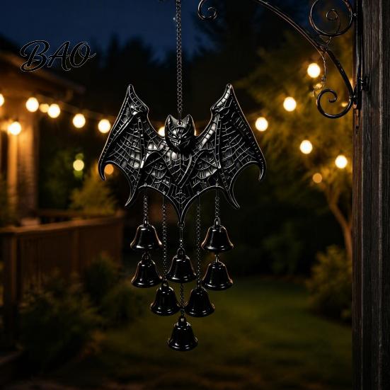 Bat Shaped Yard Decorations Gothic Metal Wind Chime, Halloween Hanging Ornament with Multiple Bells, 3D Durable Black Chime Embossed Decor for Indoor