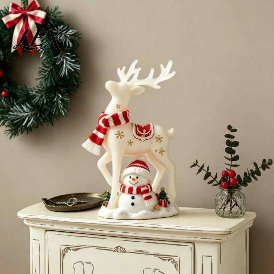 Festive Mantelpiece Display Christmas Reindeer Snowman Resin Figurine, White Deer Statue with Red Scarf, Mini Tree Figurine Winter Holiday Tabletop