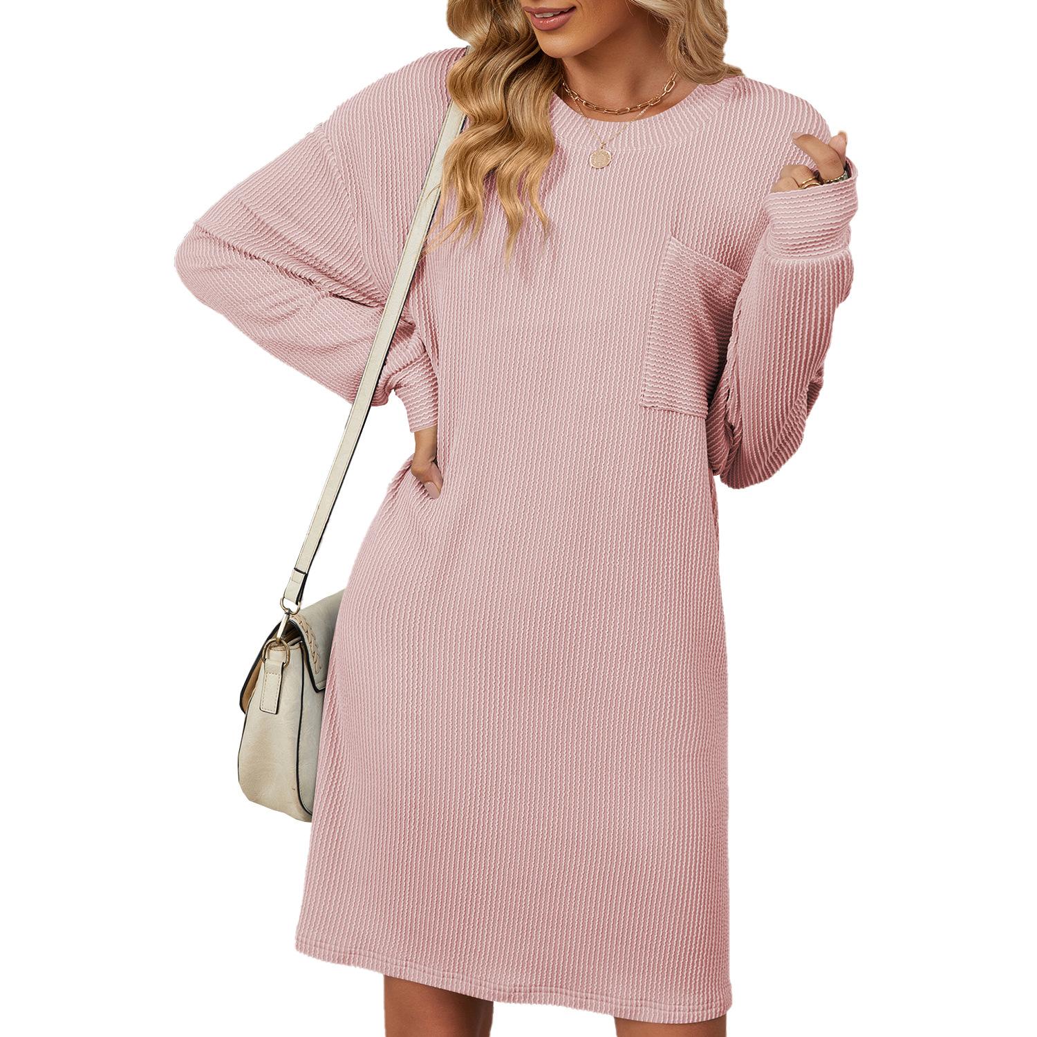 

Осінньо-зимова жіноча сукня великого розміру з круглим вирізом, в смужку, з кишенями, вільного крою, з довгим рукавом XL рожевий