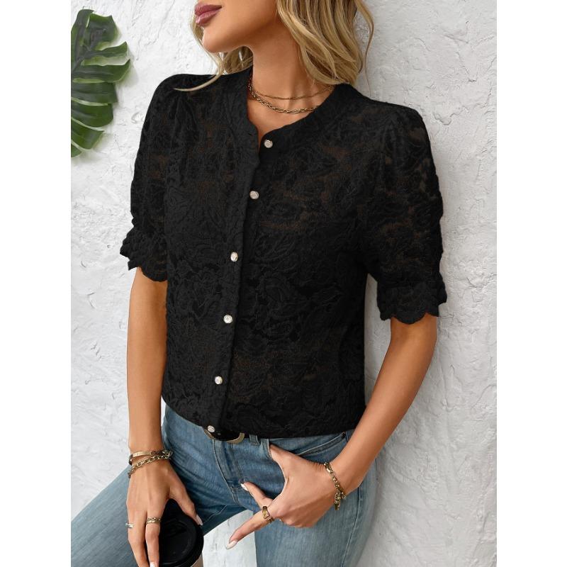 Womens Lace Crochet Short Sleeve Blouse With Round Neck Button Down Casual Hollow Out Top