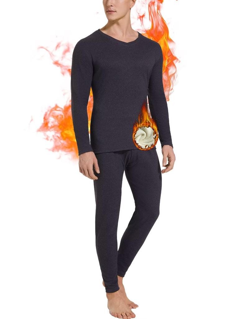 OYGSieg Heattech Warm Innerwear Long Sleeve Shirt and Winter Wear Weather and Size 2XL Men's Set, V-Neck Pants, Fleece-Lined, Front-Opening, [Cold