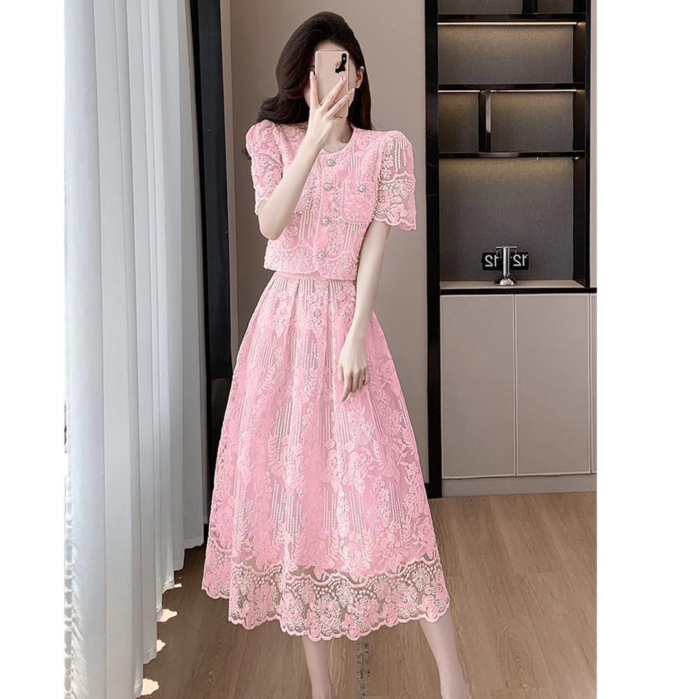 Elegante Damen Sommer Spitzenanzüge Süße einfarbige Blumenstickerei Hemd Tops Zweiteiliges Set Midi-Länge Rock Damen Outfits