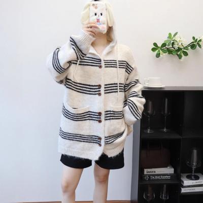 Contrasting Striped Hooded Sweater Jacket Women's Autumn and Winter New Loose and Versatile Medium and Long Knitted Cardigan