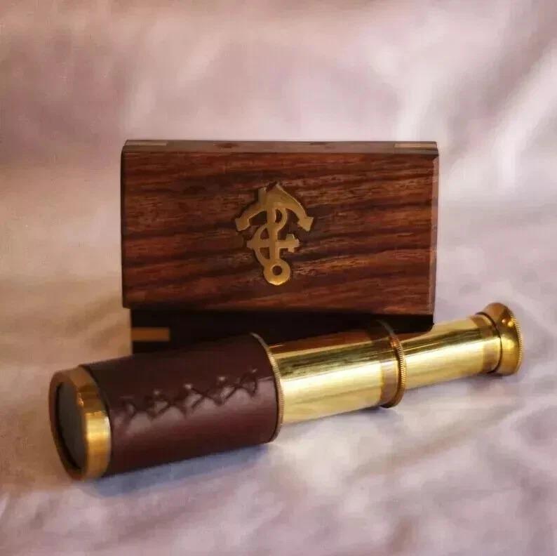Vintage 6" Captain Handheld Mini Brass Telescope Pirate with Wooden Box