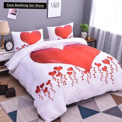 Decorazione Camera Set Biancheria da Letto per la Casa 2/3 pezzi Stampa Cuore Rosso Misura Queen Federa Set Copripiumino Poliestere Biancheria da Letto