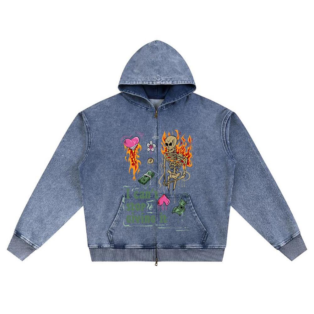 DTG print Knitted Denim Zip-Up Hoodie i can't stop giving it Brother Print Zipper Hoodies  