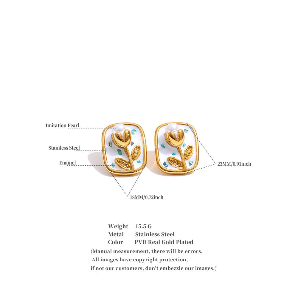 Yhpup French Style Stainless Steel Enamel Pearl Square Flower Stud Earrings PVD Plated Trendy Gold Color Attractive Jewelry