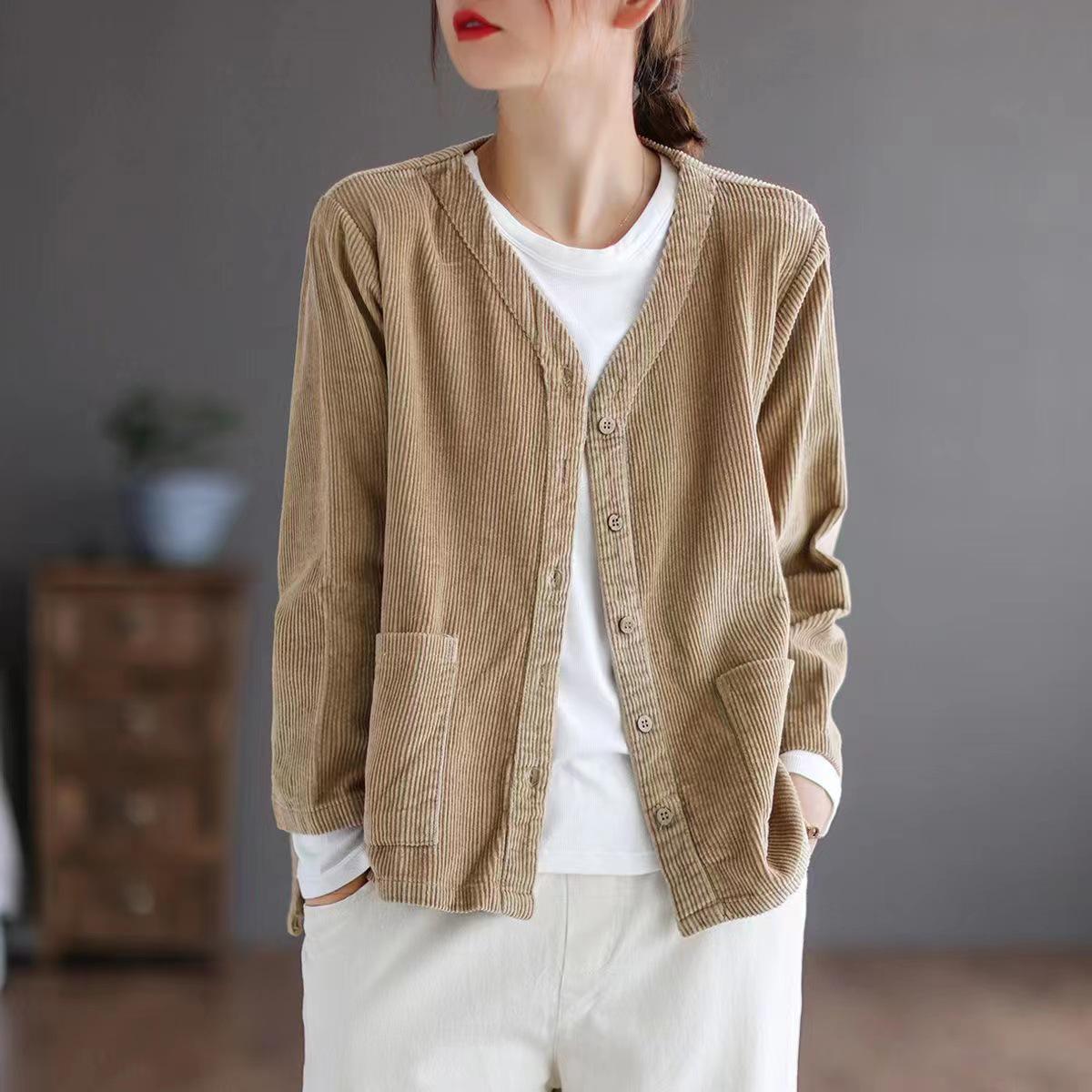 

Women s Short Corduroy Workwear Jacket - Autumn/Winter Slimming V-neck Striped Casual Top 4XL хаки