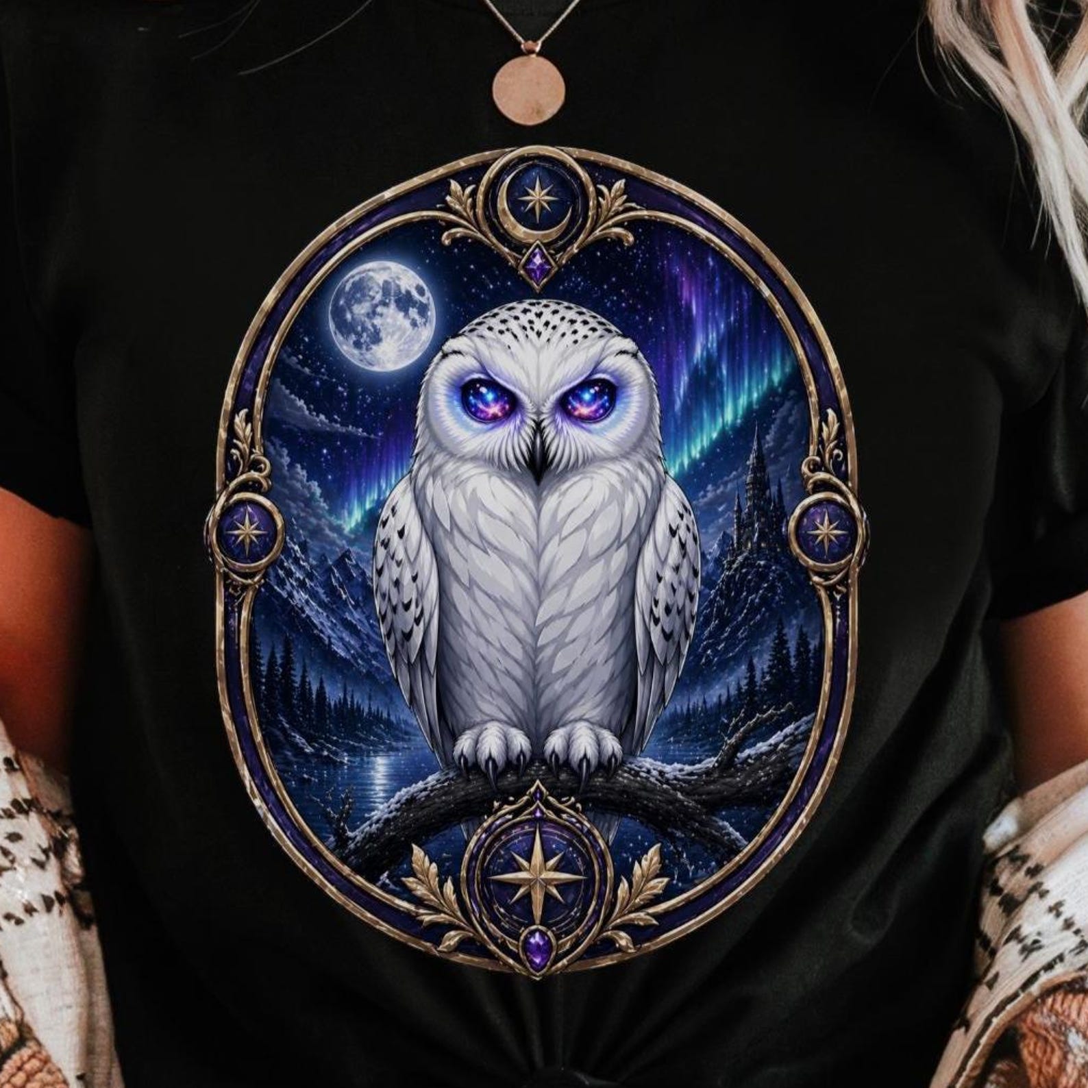 Snowy Owl Galaxy Eyes T-Shirt | Mystic Celestial Owl Graphic Tee L