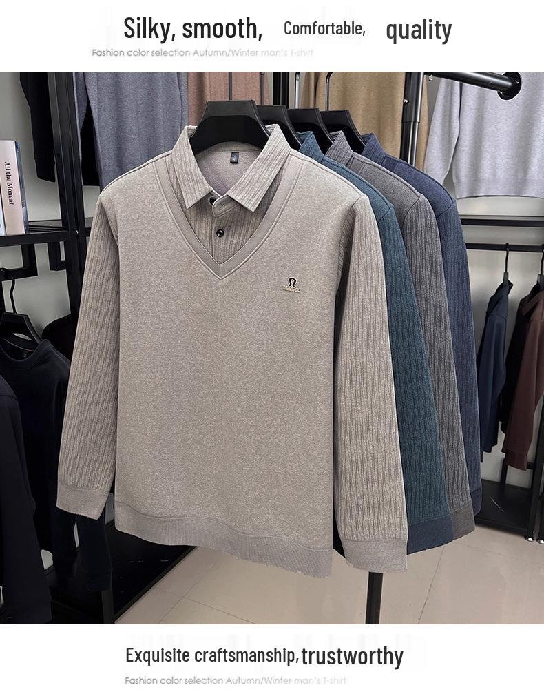 2025 Winter Men's Faux Two-Piece Sweater: New Thick Knit with Shirt Collar and Warm Velvet Layer