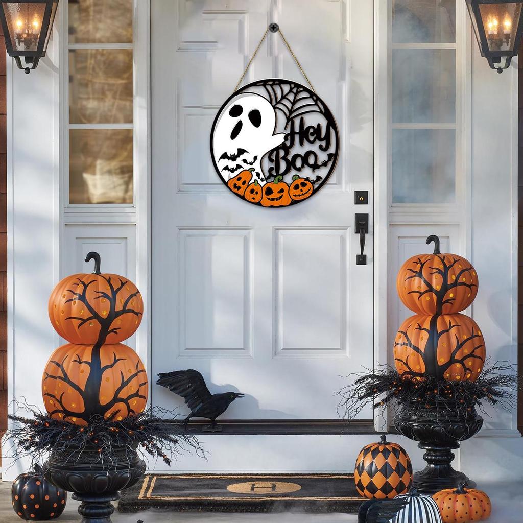 Welcome Door Sign Scary Halloween Door Hangings Ghost Pumpkin Front Door Hanger Wooden Sign for Home Yard Mantle Living Room