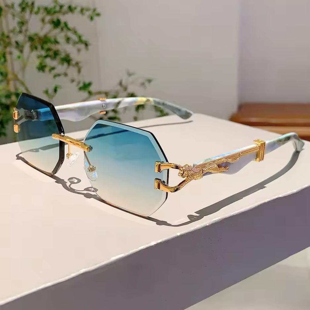 Rimless Octagon Sunglasses Women For Men Luxury Brand Design Vintage Punk Popular Metal Gold Leopard Head Sun Glasses Uv400
