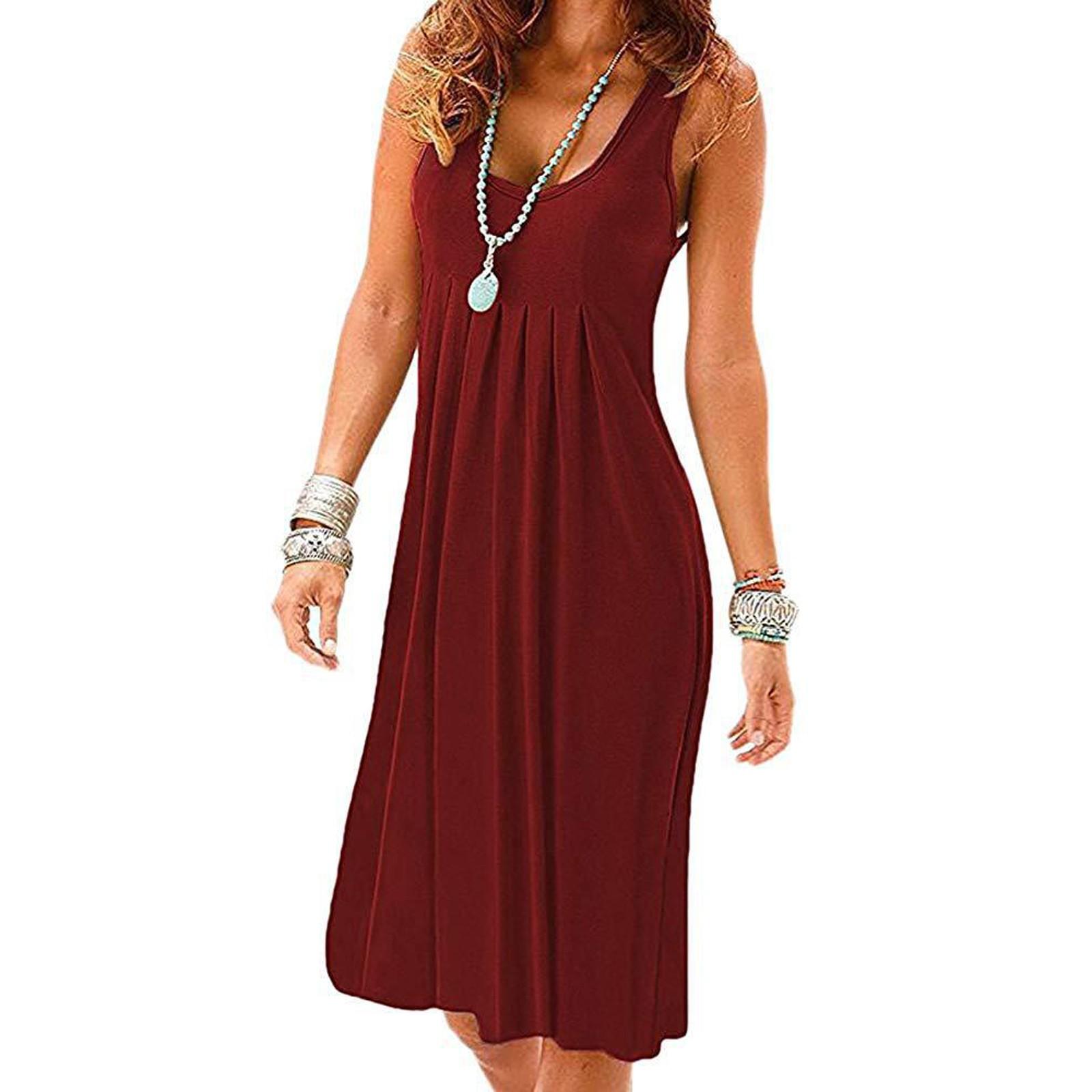 

Жіночі повсякденні вільні плісировані без рукавів вузькі плісировані сукні з круглим вирізом XL винний