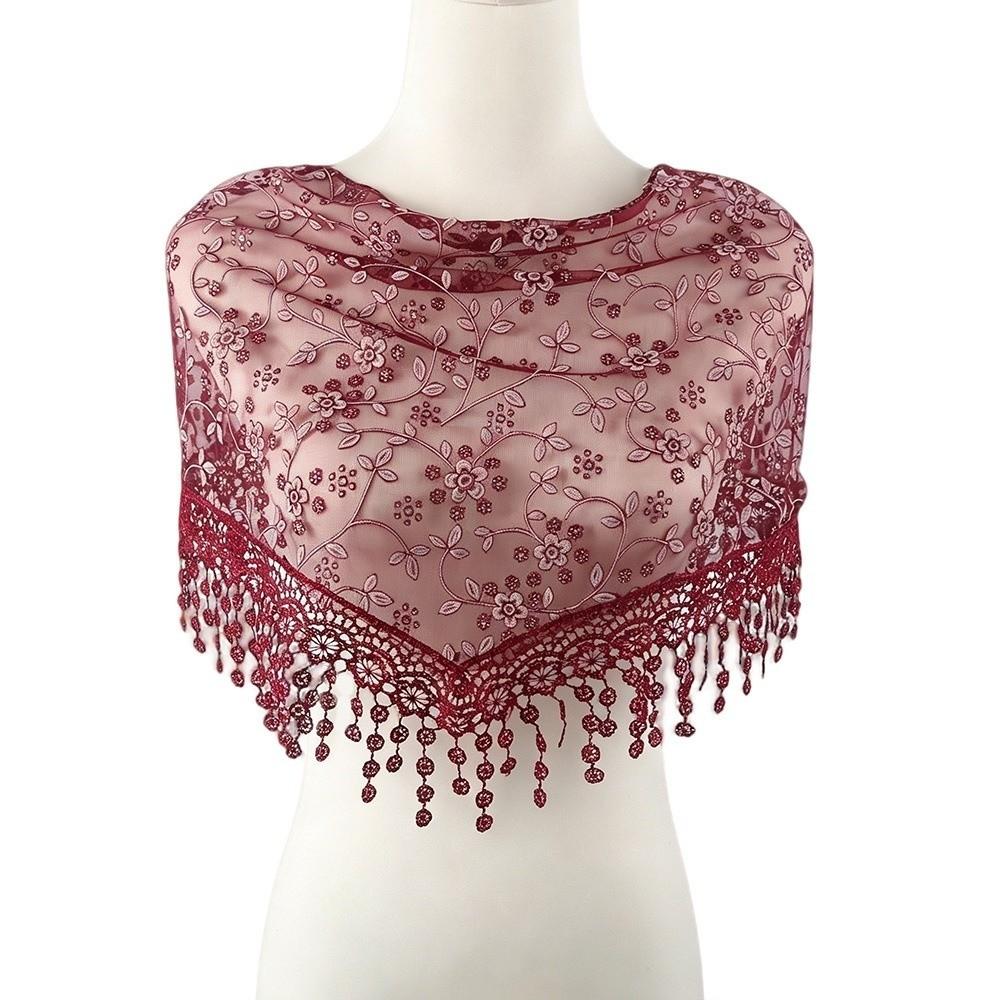 Breathable Floral Lace Shawls Elegant Lace Flower Tassels Lace Head Scarf Headwrap  Women Wedding темно-красного