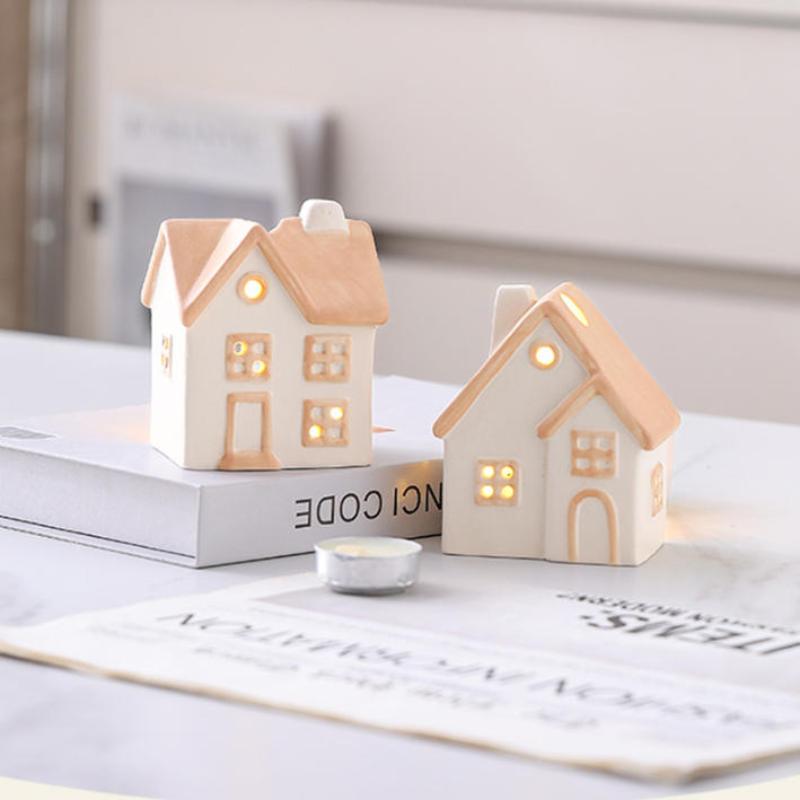 Painted Ceramic House Candle Holders Tabletop Christmas Or Everyday Home Decor Warm Glow Detailed Ornament(Without Candle)