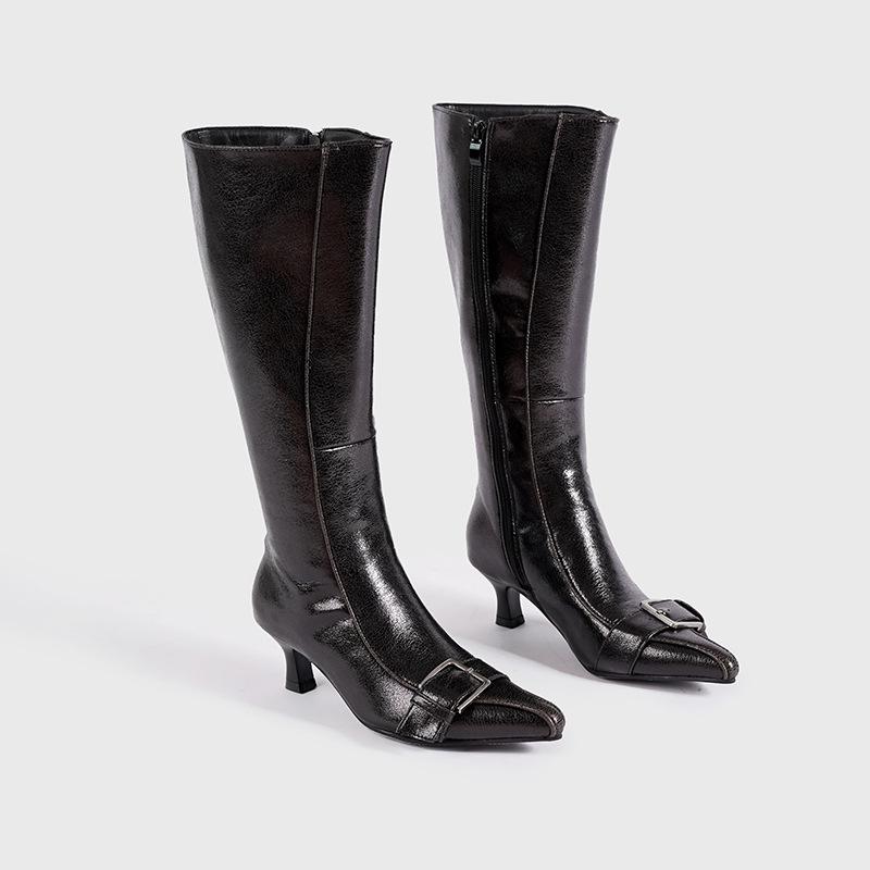 Retro Belt Buckle Boots Women's Fashion Boots Thick Heel Pointed Side Zipper Thin Versatile Fashion Boots