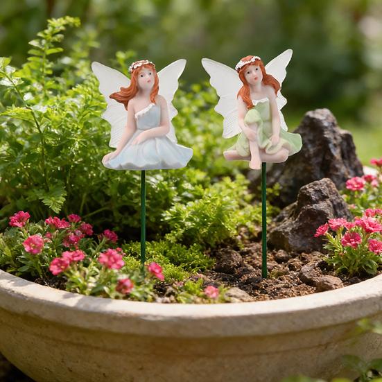 4 Pcs Fairy Garden Stake, Outdoor Resin Angel Figurine with Delicate Wings & Colorful Dress, Rust-Proof Metal Stake for Plant Pots,