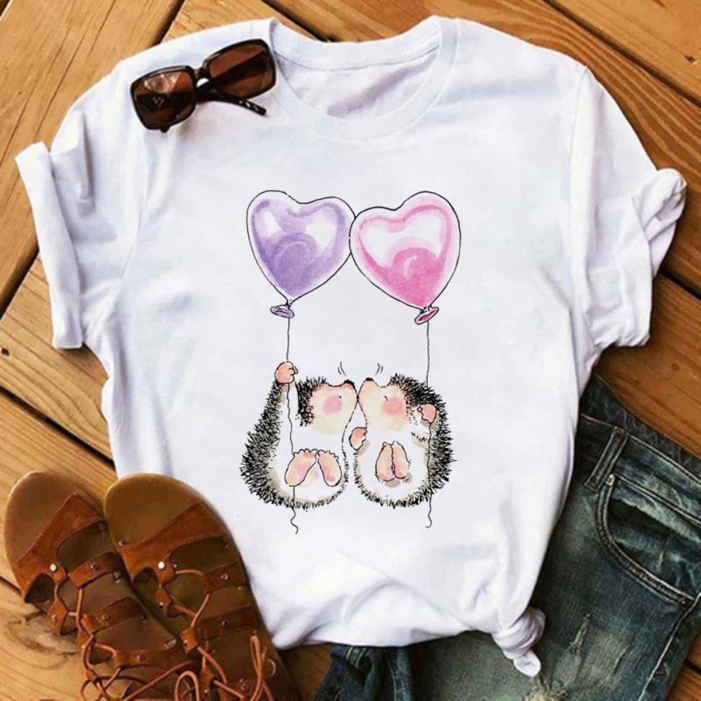 Women's Short-sleeved Hedgehog Print Fashion Round Neck T-shirt Oversized T-shirt Aesthetic Clothes Top