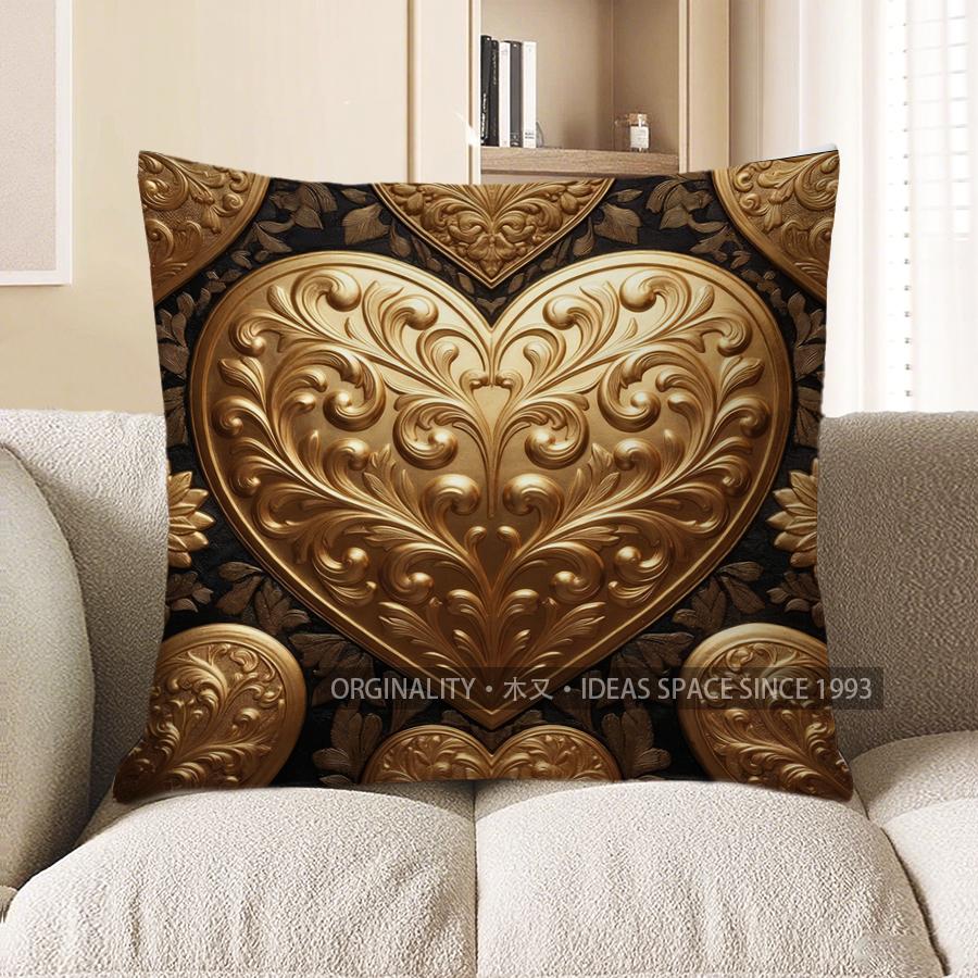 

2D Gilt Heart & Floral Patterned Cushion Covers Pattern Cushion Cover Suitable For Sofa Bedroom Car Pillow Cover 40x40cm