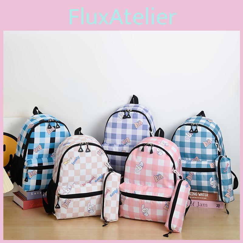 Large Capacity Childrens Checkered Backpack With Bear Print Design For Use Daily