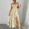 Women Floral Print Bohemian Spaghetti Strap High Slit Beach Holiday Dress Ruched Bodice Flowy Midi Sundress for Summer