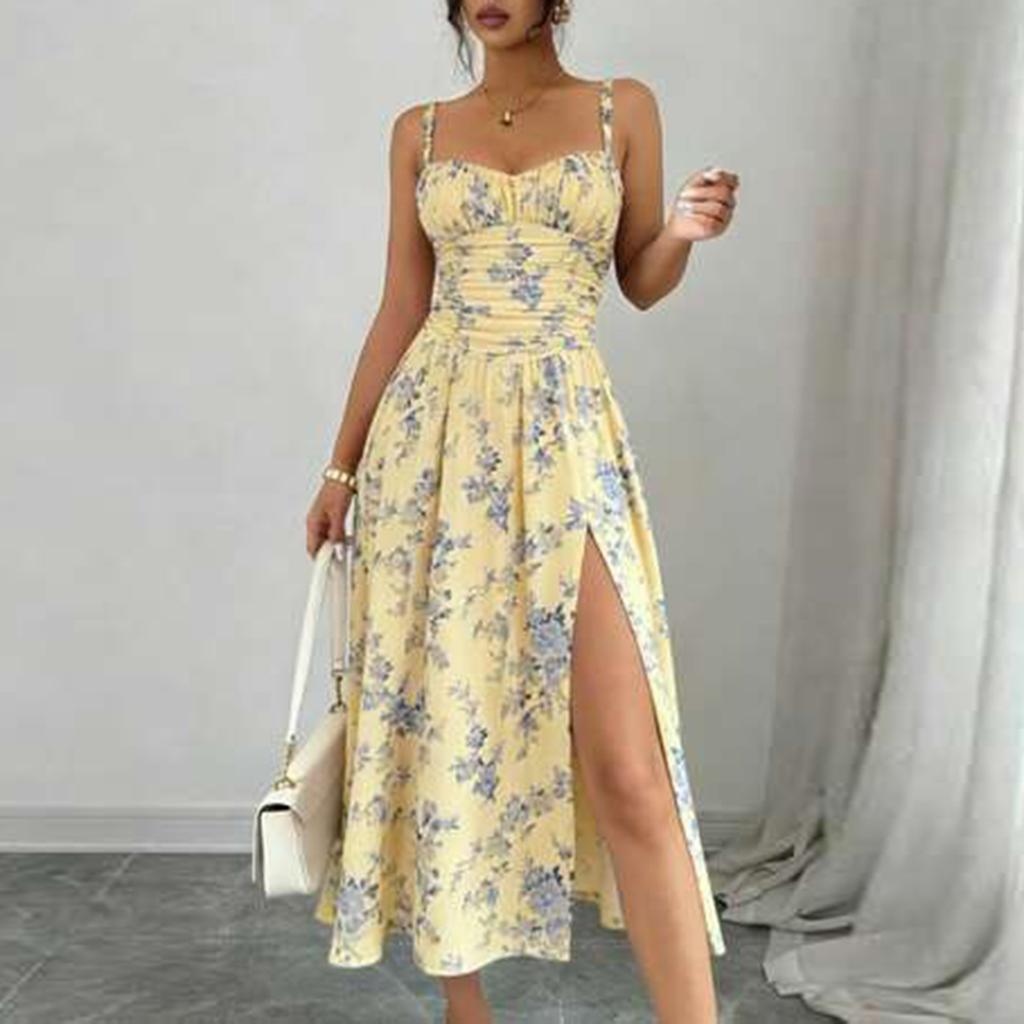 Women Floral Print Bohemian Spaghetti Strap High Slit Beach Holiday Dress Ruched Bodice Flowy Midi Sundress for Summer