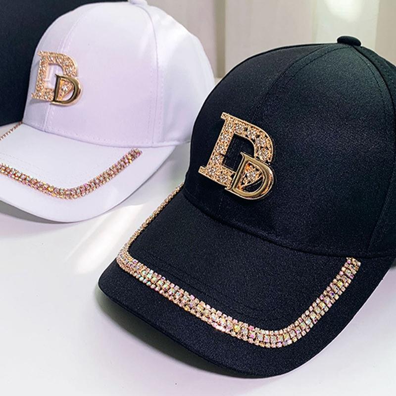Women Baseball Caps Gold Rhinestones Shining M or D Causal Black White Fashion Cotton Snapback Hat Hiphop Şapka Caps for Girls
