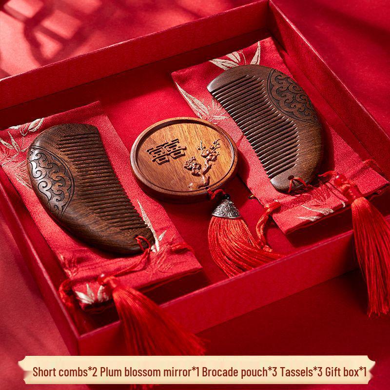 Red Wedding Comb Set for Brides - Elegant Mirror and Hair Combs