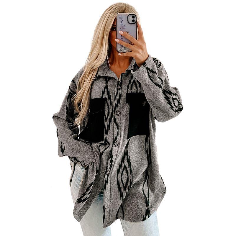 

Autumn and Winter New Geometric Print Shirt Style Outerwear Women 2025 European and American Fashion Mid-Length Single-Breasted Knit Shirt Gray Size S fit (45.00 kg-55.00 kg