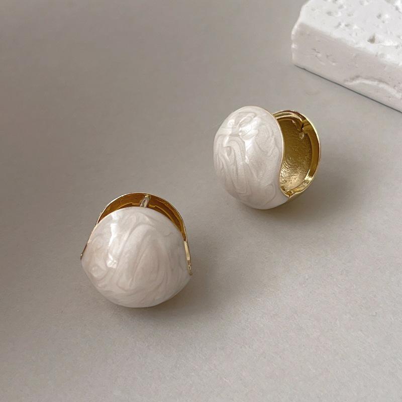3D White Enamel Ball Earrings: Korean Style, High-End Feel, Niche Design for Women.