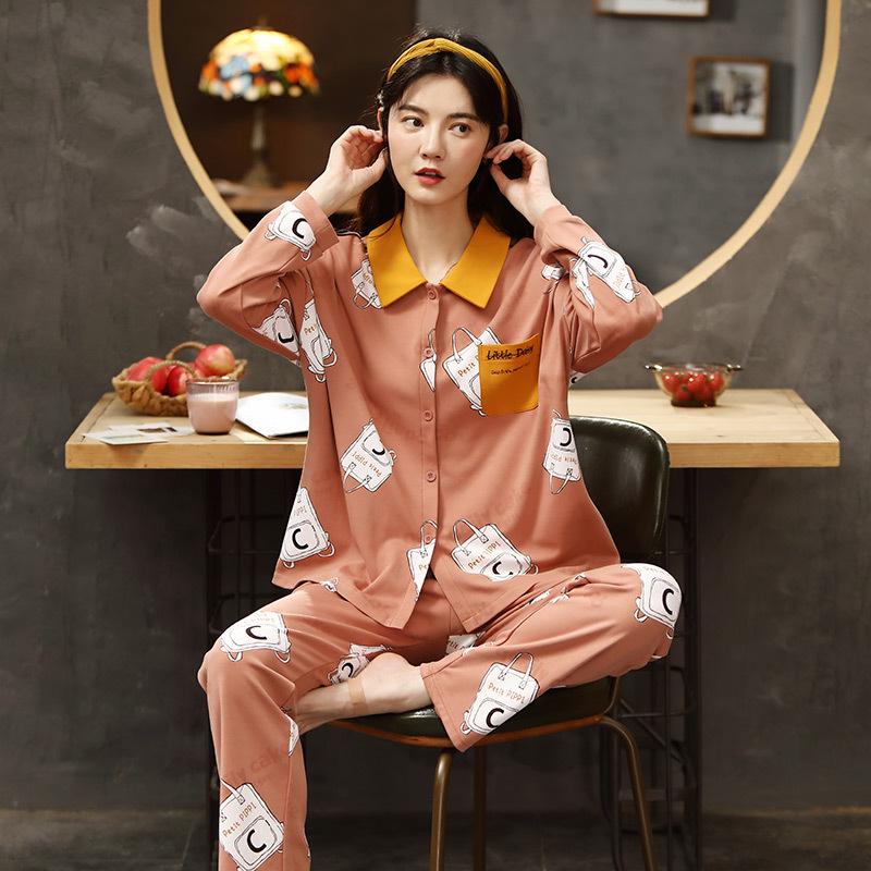 Women's Pure Cotton Long-Sleeve Pajama Set with Chest Pads - Large Size, Spring/Autumn 2025