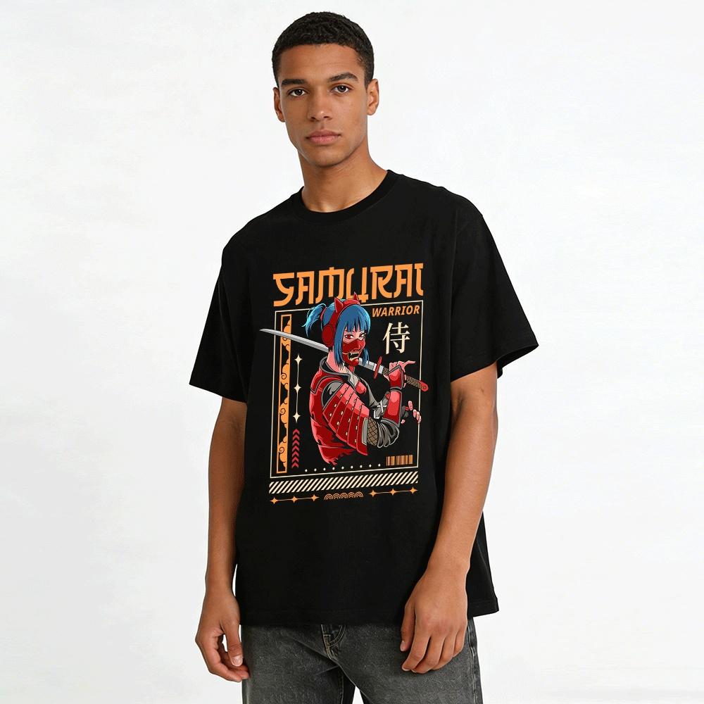 Cyberpunk Style Samurai Printed Short Sleeve T-Shirt For Men Women Pure cotton T-shirt