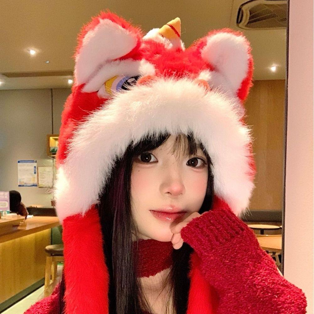 Thickened New Year Red Cap Ears Can Move Plush Beanies Fashion Lion Dance Hat  Outdoor
